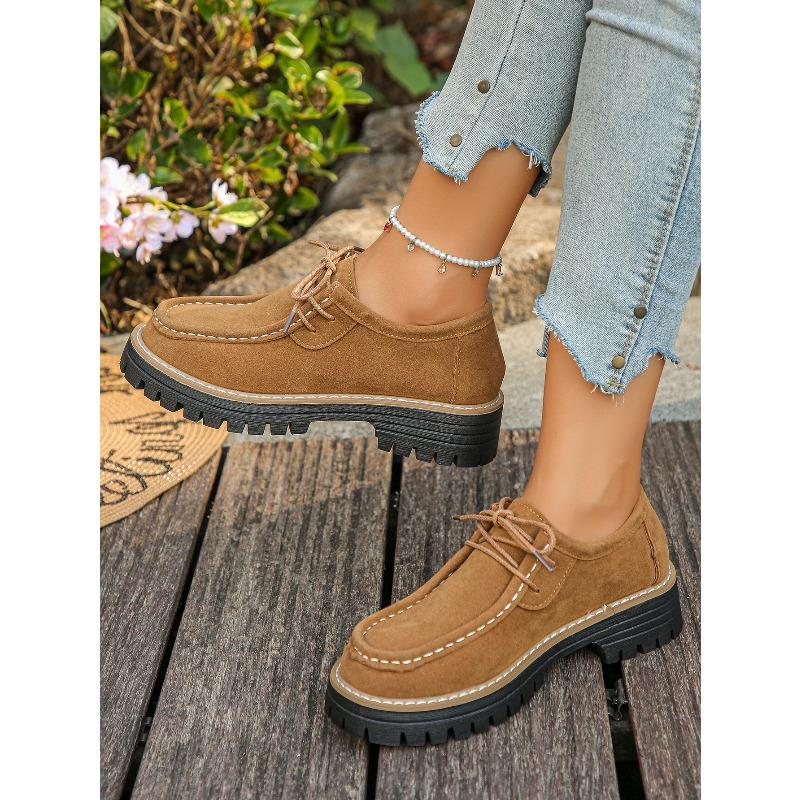 Lace-up Platform Loafers Women's New 2025 Autumn Vintage Muffin Plus-size Low-top Shoes