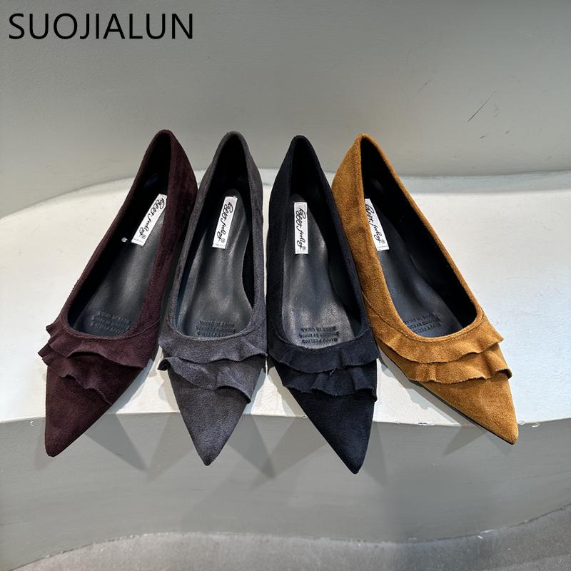 Fashion SUOJIALUN 2025 Autumn Women Single Shoes Fashion Ruffles Pointed Toe Shallow Slip On Boat Shoes Square Low Heel Dress Pumps Shoe