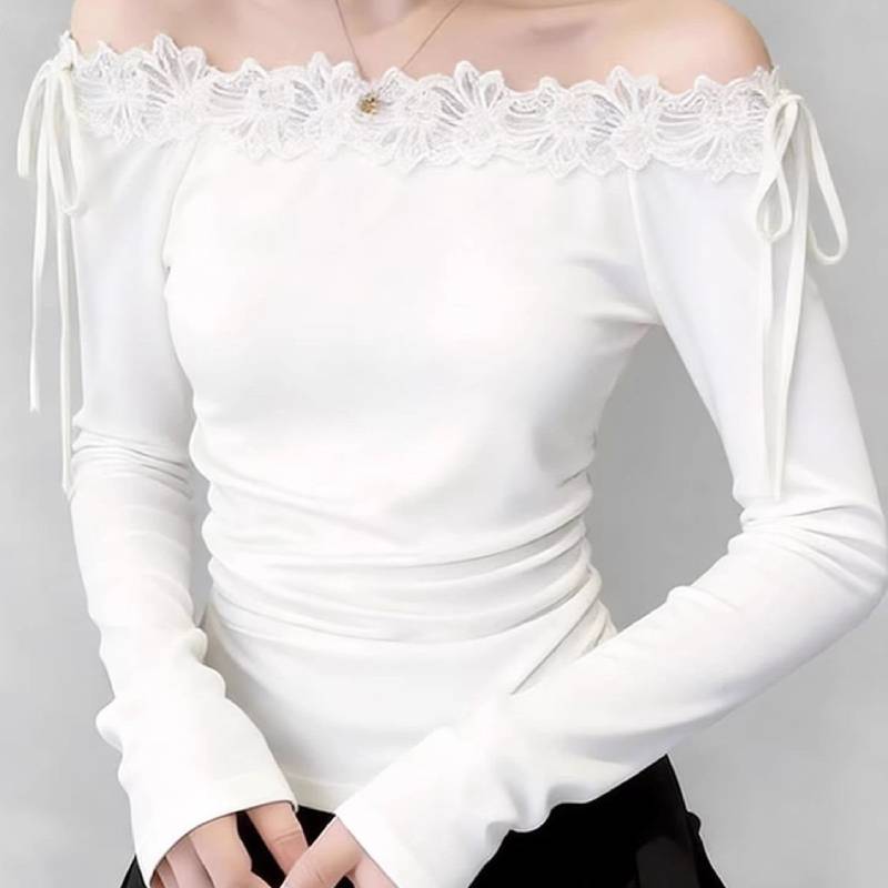 French Style Off Shoulder Top With Lace Patches And Embroidery For Women Spring