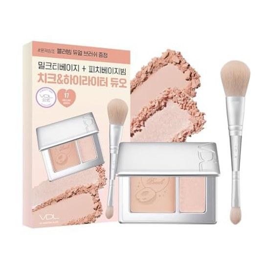 Limited Edition Set Brush VDL Cheek Stain Blusher Highlighter Duo 17 Mellow Scene Complexion Blush Poreless Radiance 3D Effect Lavender Korean