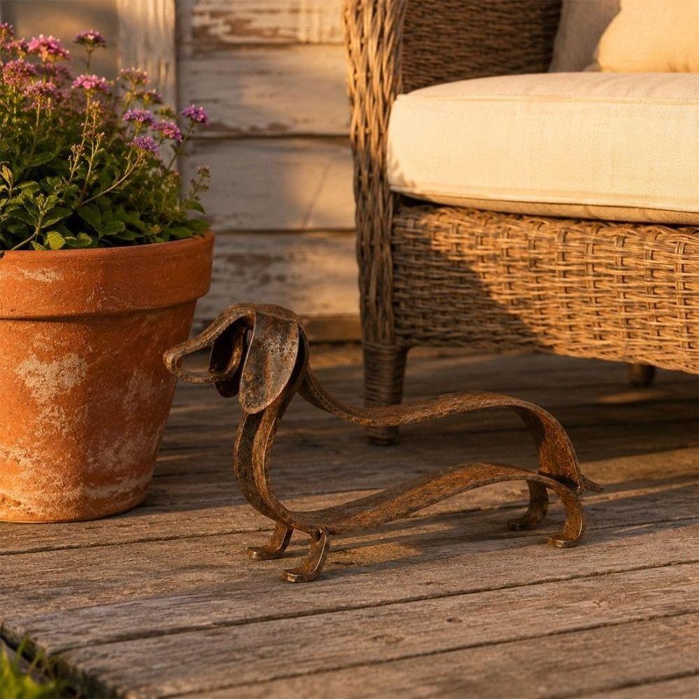 Rusted Finish Dachshund Statue Metal Dog Sculpture Yard Ornament Iron Dog Ornament Desktop Decor