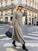 Simple solid color big pendulum coffee break dress with waist metal buckle strap commuting meat covering knee large size dress