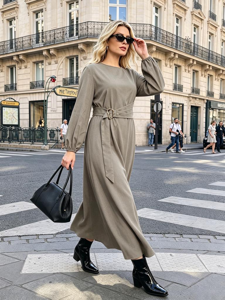 Simple solid color big pendulum coffee break dress with waist metal buckle strap commuting meat covering knee large size dress
