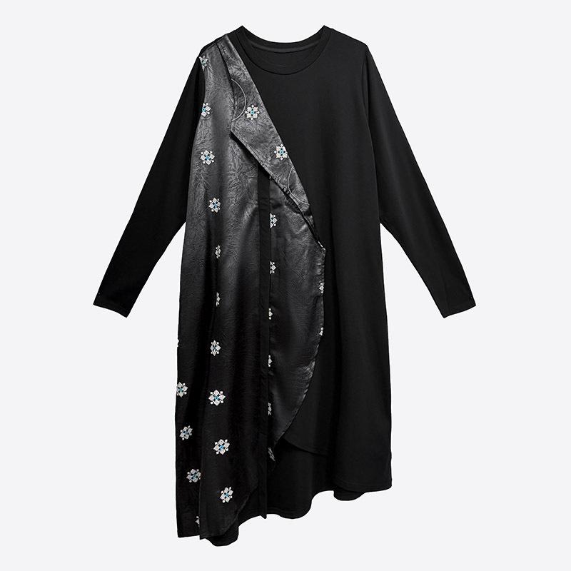 Xitao Vintage Embroidery Patchwork PU Fake Two Piece Dress Women GJ1229