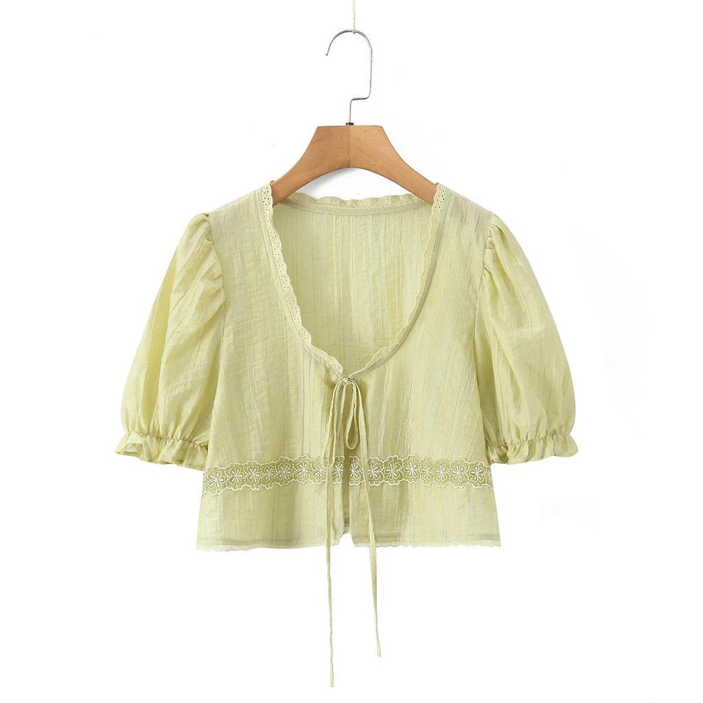 2026 Women's Embroidered Two-Piece Set: Sweet & Spicy Slim Fit Puff Sleeve Lace-Up Shirt + Short Camisole Vest