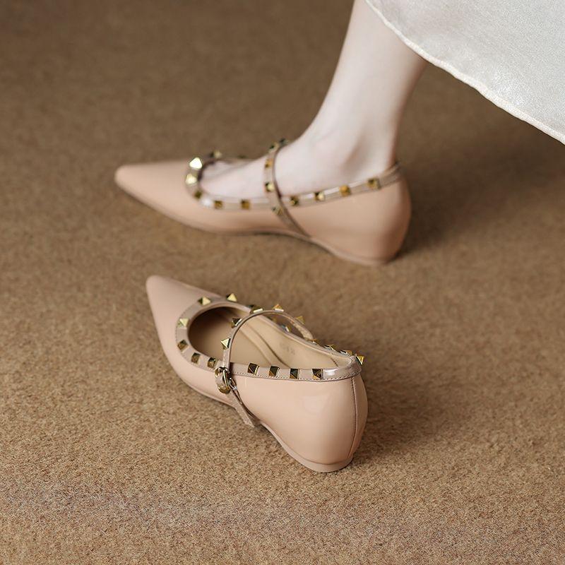 Height Increase Small Heel Single Shoes Women's 2025 Spring New French Pointed Head Shallow Mouth Mary Jane with Skirt Rivet Evening Shoes