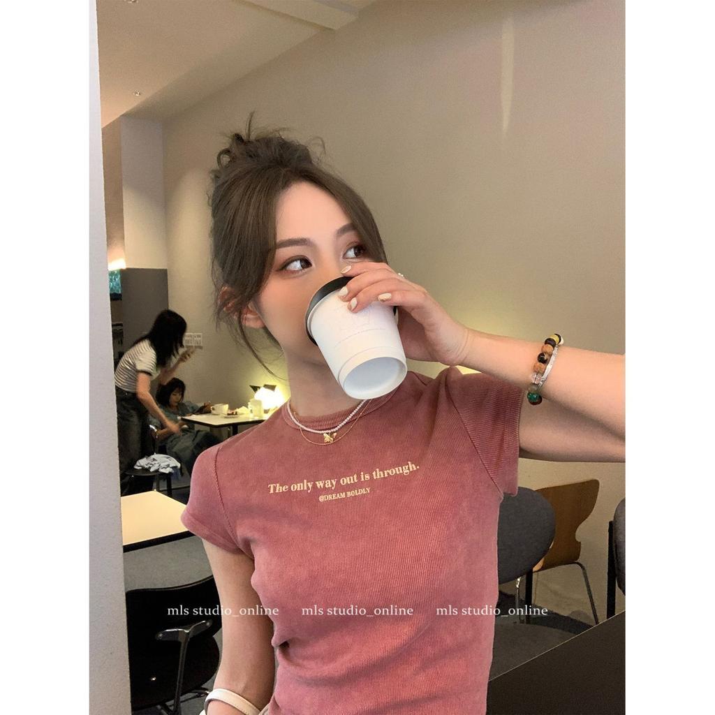 American retro old letter front shoulder short-sleeved T-shirt women's summer small sweet and slim printed short top