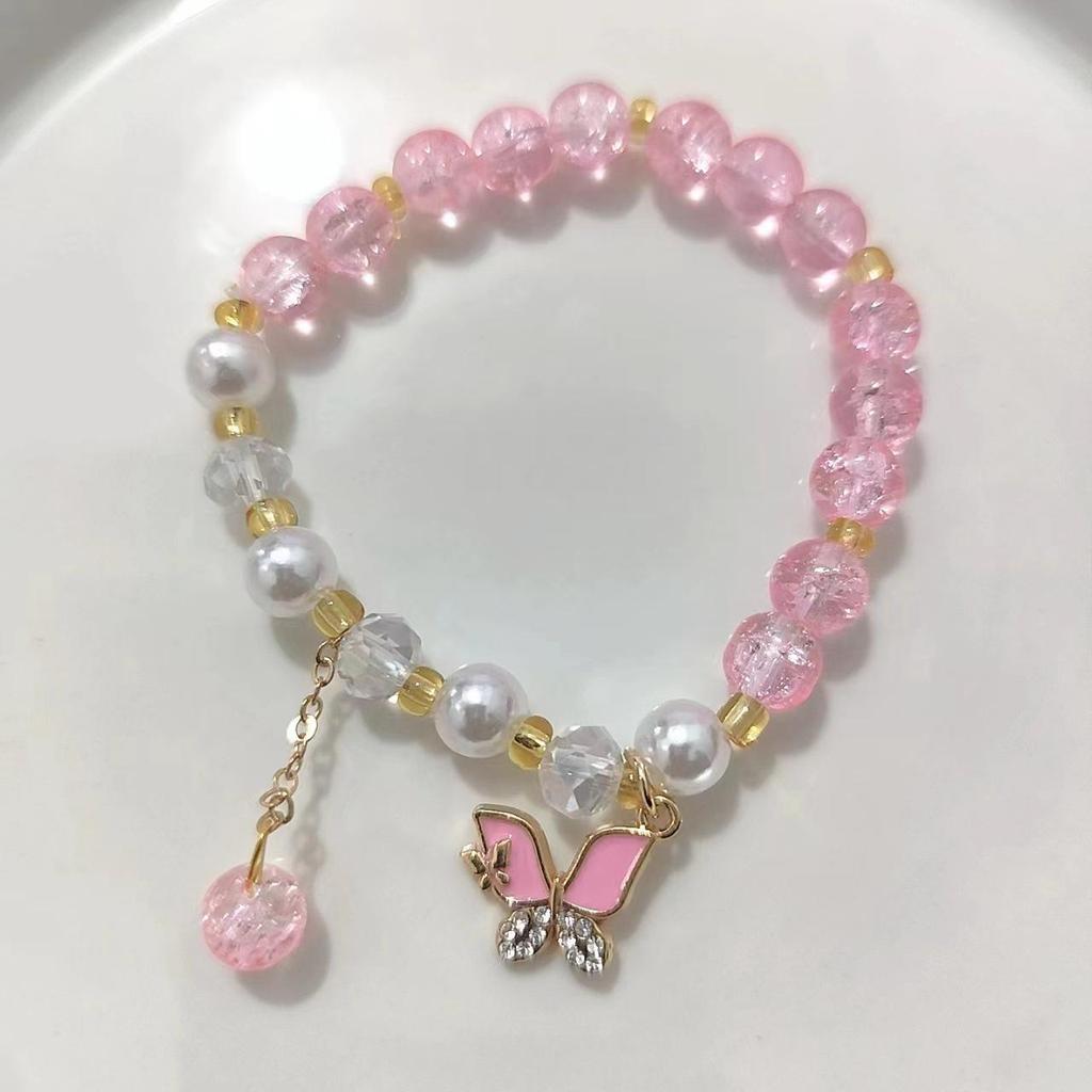 Forest Butterfly Glass Bracelet with Ice-Cracked Flower Beads