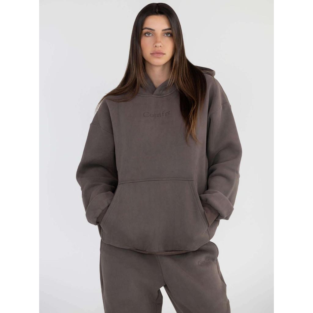 Comfrt Solid Color Embroidery Fleece Oversize Couple Hoodie Casual Loose Sweatpants Set