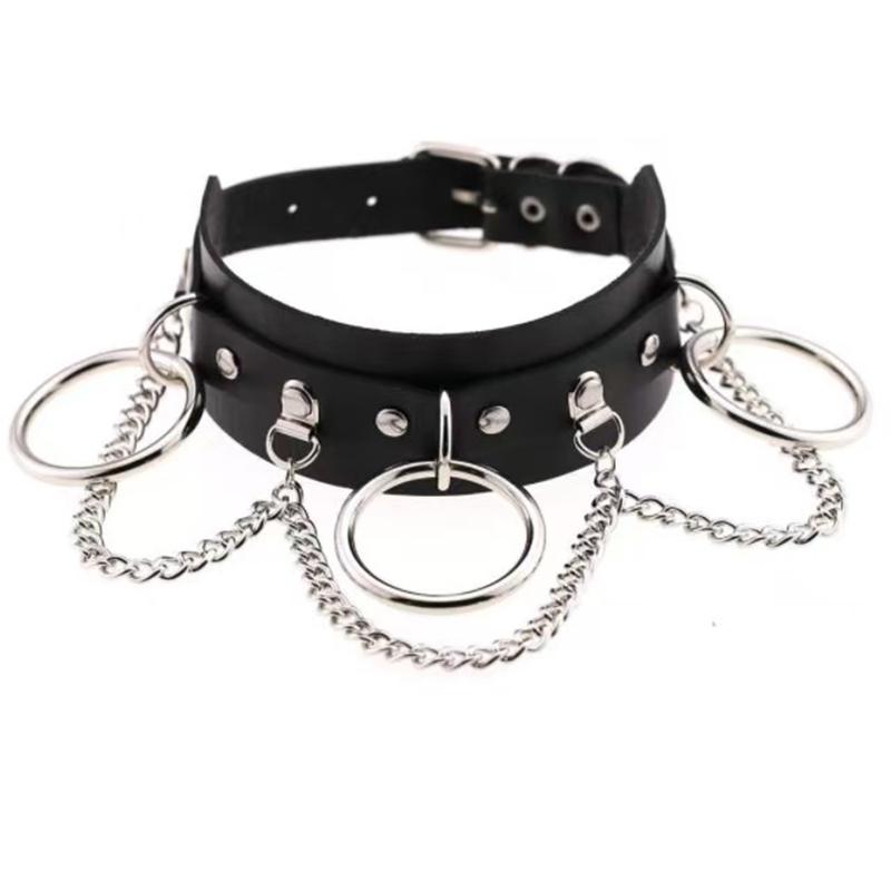 

Exaggerated Personality Pu Leather Collar Necklace Punk Street Pography Nightclub O-Ring Chain Collarbone Chain Neck Cover