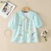 ZANZEA Women Lace Splice Turn Down Collar Casual Short Sleeve Print Blouse