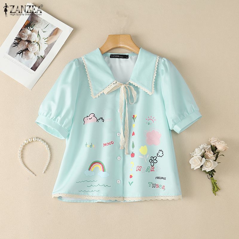 ZANZEA Women Lace Splice Turn Down Collar Casual Short Sleeve Print Blouse