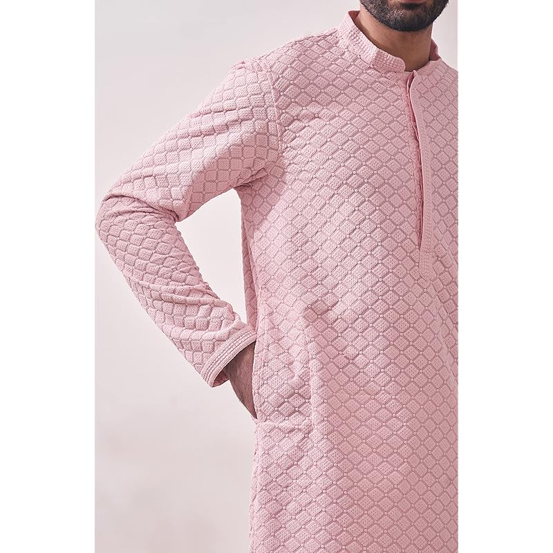 Manyavar Pink Blended Cotton Full Sleeve Kurta Set | Traditional Kurta Set For Men (XL)