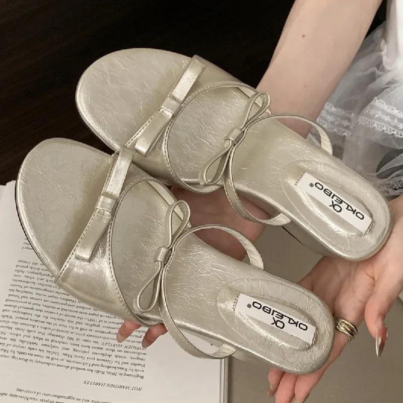 Fashion Elegant Bow Polka Dot Design Brand Slipper Women Fashion Narrow Band Slide Sandal Comfort Soft Bottom Dresses Sandalias De Mujer