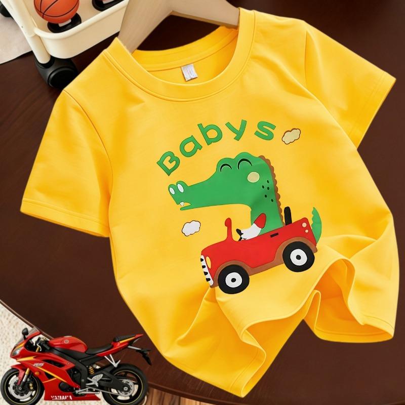 Boys Dinosaur Red Car Print Crewneck Summer Casual Sports T-Shirt