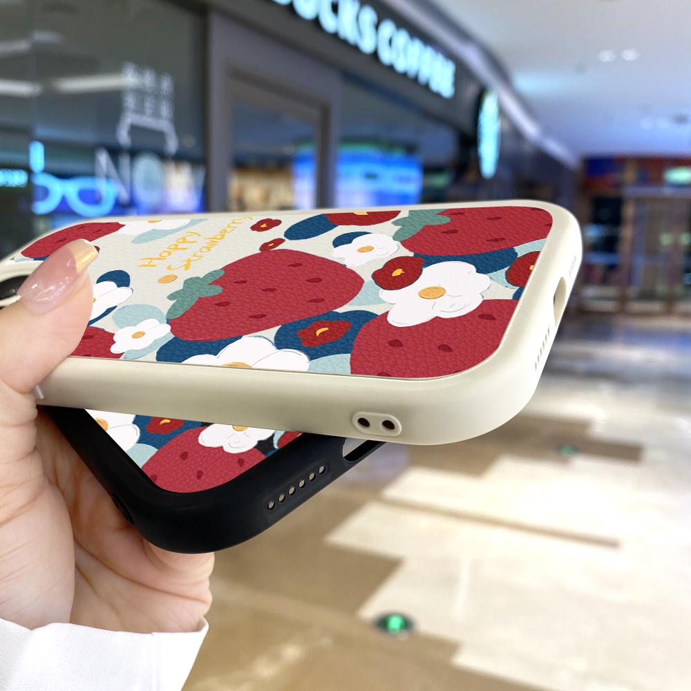 Slim Skin Feeling Cartoon Flower Strawberry Soft Silicone PU Leather Cover Phone Case for iPhone Samsung Huawei Honor Xiaomi Redmi OPPO Realme Vivo