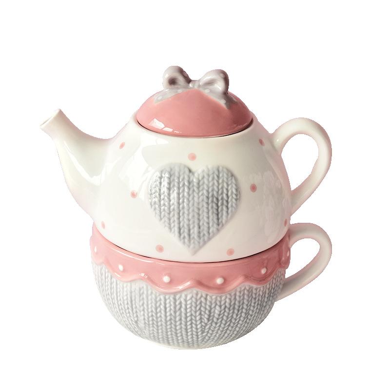 

400 мл керамический чайный набор для одного человека Kawaii Bowknot Teapot Tea Cup Set Pink Wool Knitting Coffee Кружка для микроволновой печи Two-piece Set