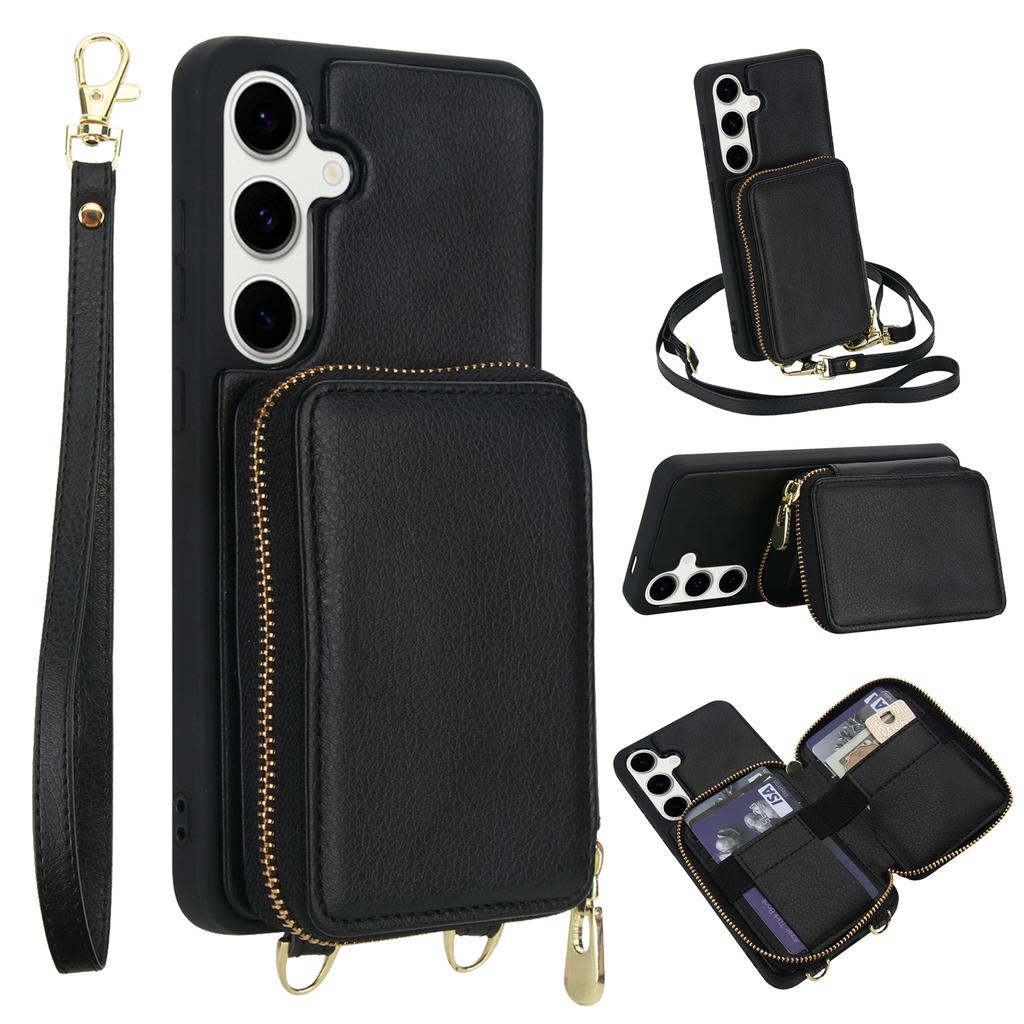 For Samsung Galaxy S25 FE Case RFID Blocking Zipper Wallet Leather + TPU Phone Cover with Shoulder Strap