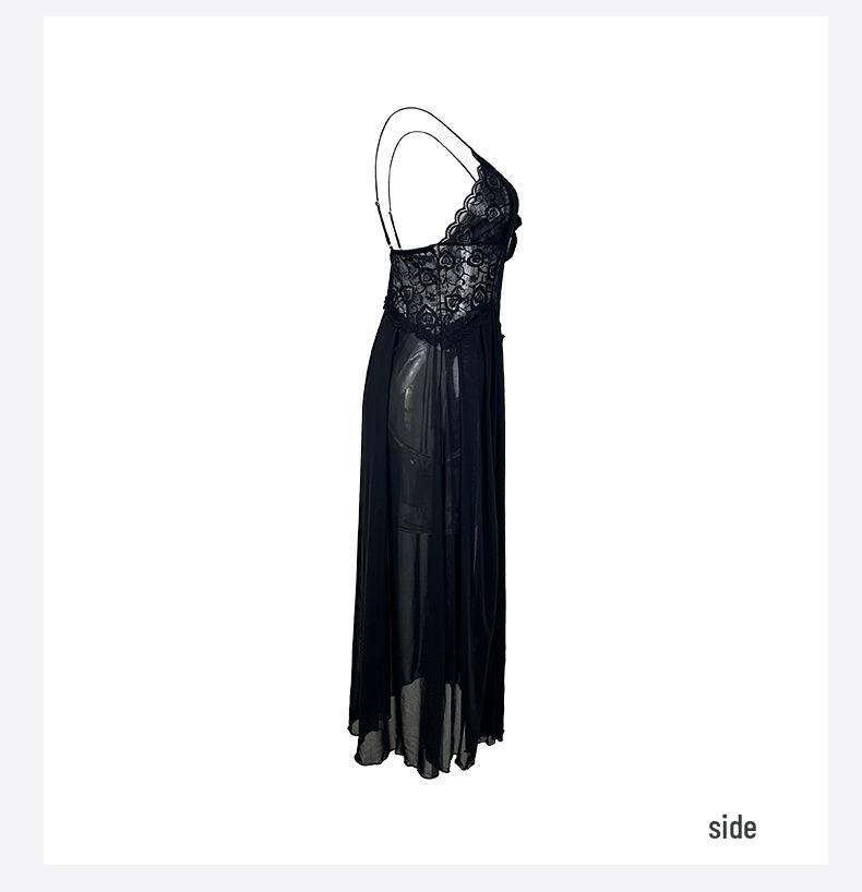Pearl Embellished Backless Multicolor Mesh Nightgown with Side Slit - 898