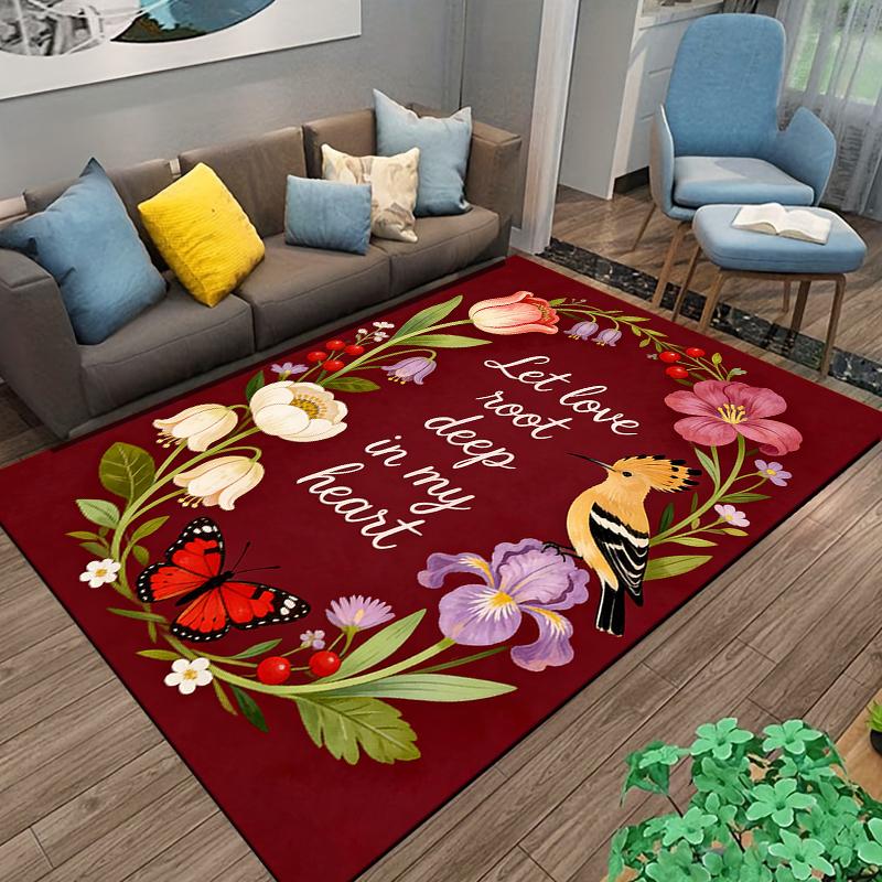 Colorful Floral Carpet with Bird, Butterfly, and Heartfelt Quote Design Suitable for Use As an Anti-slip for Living Room Bedroom Sofas