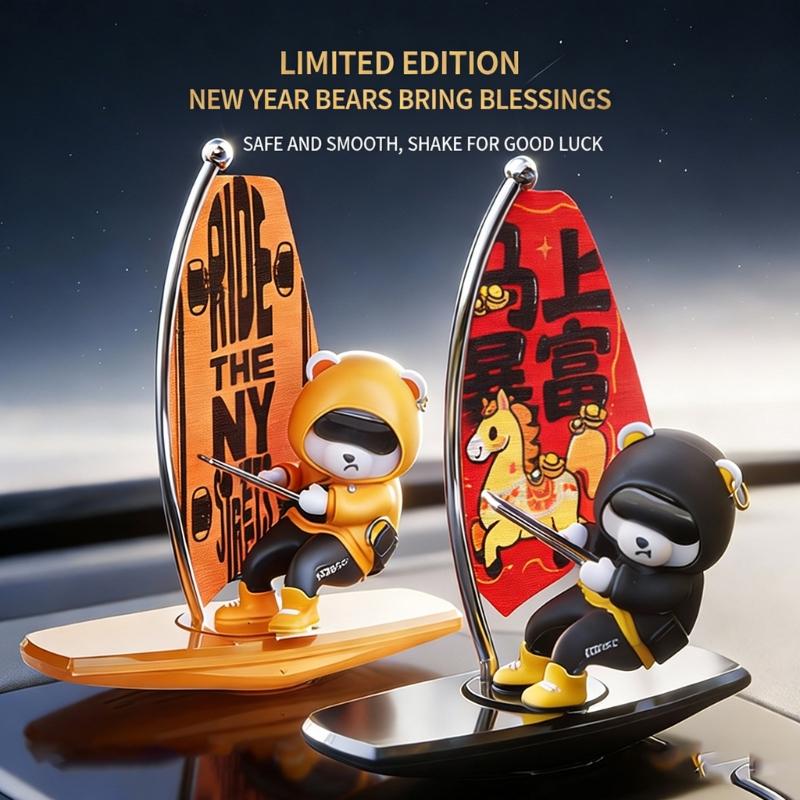 Entertaining Cute Surfing Bear Ornament Car Dashboard Decoration That Swings And Rotates For A Fun Driving Experience