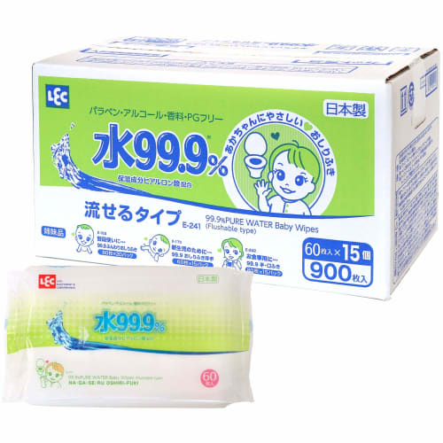 

Pure Water Baby Care 99.9% Pure Water Flushable Wipes, 60 sheets x 15 packs (900 wipes), Made in Japan