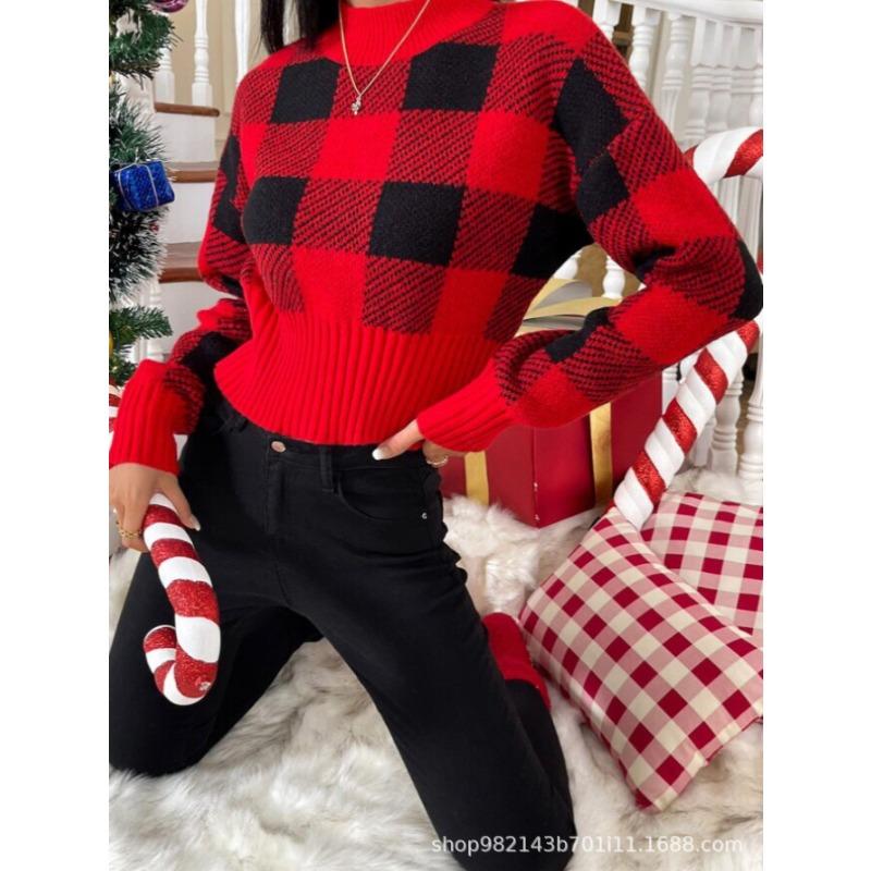Women S Red Black Plaid Knit Pullover Slim Fit Long Sleeve Sweater