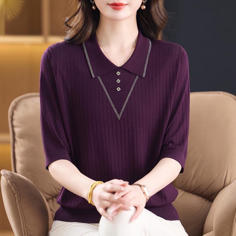 Mom's Autumn Ice Silk Knit Top: Stylish Mid-Sleeve Design with Lapel and Hot Drill Details, Perfect for Middle-Aged Women.