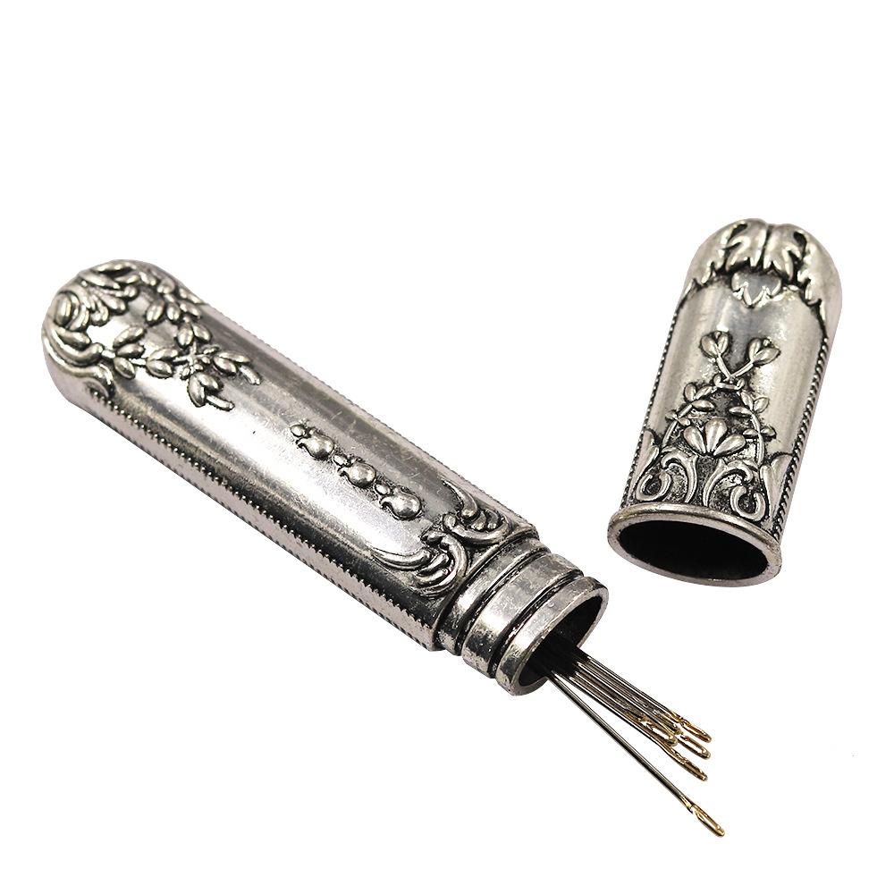 1 Piece Retro Embossed Alloy Needle Box with 24 Pieces Side Threaded Blind Needle Set, Sewing Needle Storage Container, Elegant Craftsmanship