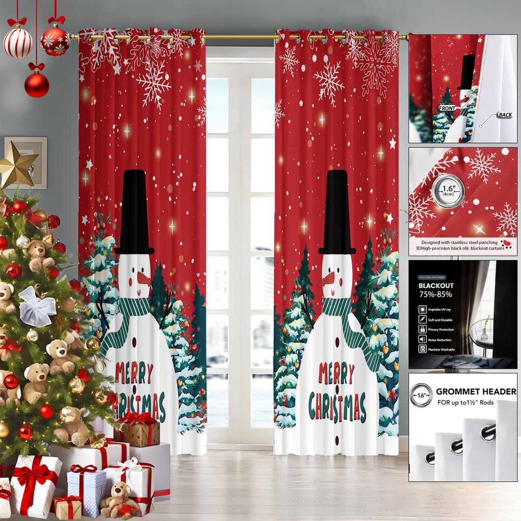 Christmas Snowman Print Red Curtains Multiple Sizes Living Room Insulation Decoration Easy Install Curtain Light Blocking For Polyester Machine