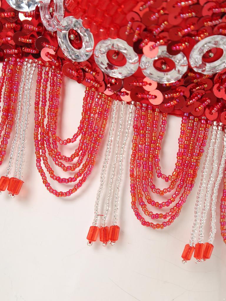 Women Belly Dance Halter Bra Top Sparkle Sequins Plastic Beads Tassel Rhinestone Dance Crop Top Performance Costume