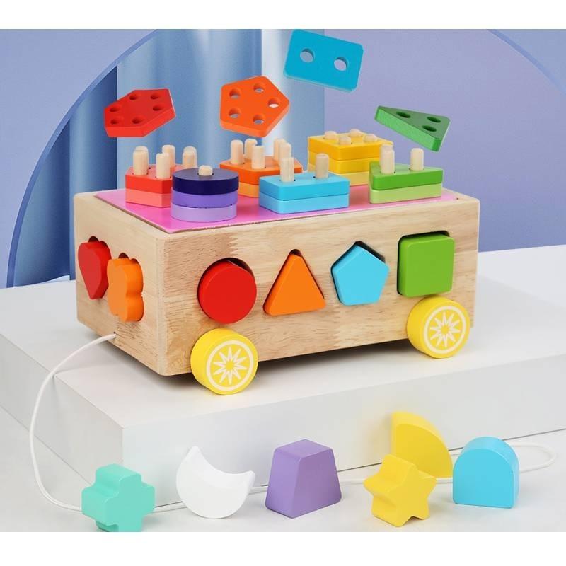 Colorful Educational Wooden Farm Fishing Shape Matching Car Toys For Kids