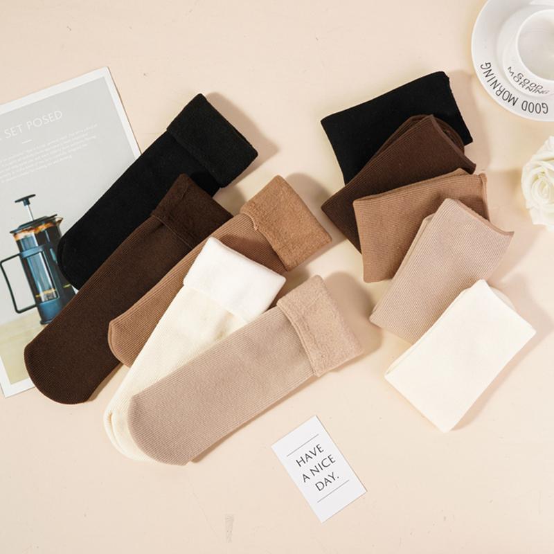Șosete Groase de Iarnă cu Pluș Călduros Șosete de Bumbac Culoare Solidă pentru Femei Ton Pământiu Șosete Simple Medii