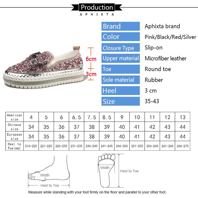 Fashion Aphixta Fashion Big Size 42 43 Flats Women Leather Loafers Flat Platform Wine Red Shoes Crystal Sequined Bow Casual Shoes