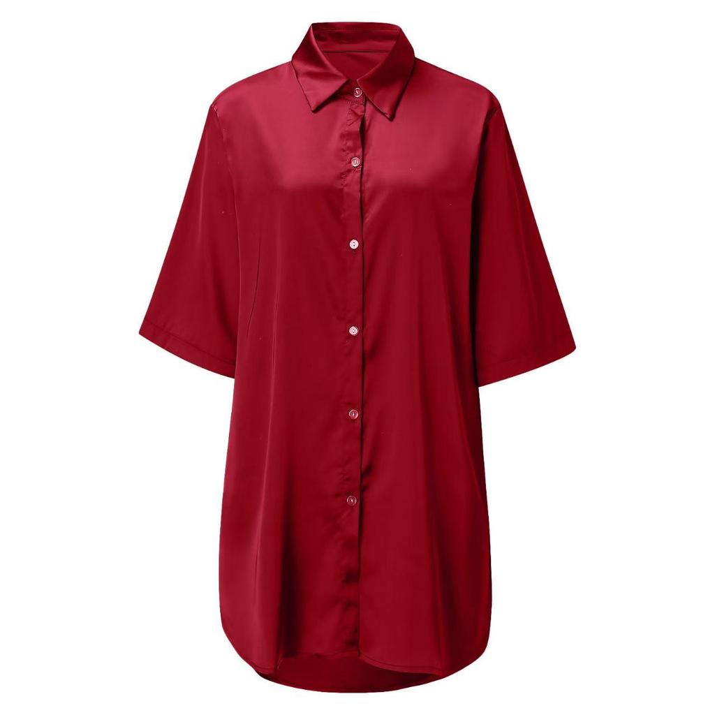 European & American Style Solid Color Silky Satin Women’s Long Pajama Shirt - Sexy, Comfortable, Skin-friendly.