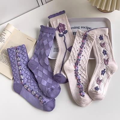 Romantic Spring Purple Flower Fairy Elegant Temperament Fairy Muse Embossed Socks Female Grape Summer Spring and Autumn Breathable Socks