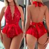Sexy Crotchless Solid Underwear Women Lace Hollow Bra Set Erotic Costume  Baby Doll Dress Deep V Open Bra Sexy Lingerie Set