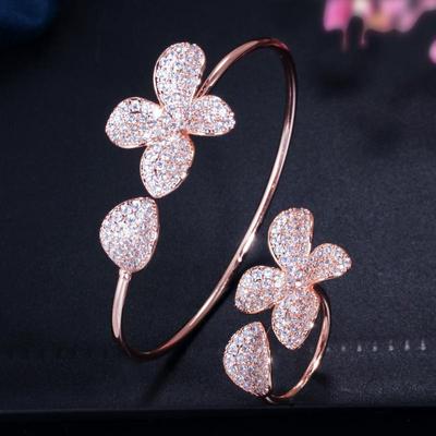 WWJ Shiny Cubic Zirconia Flower Open Cuff Bangles and Rings Set