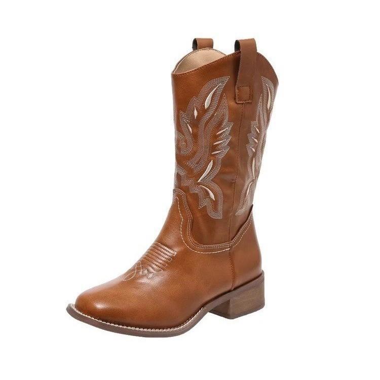 

Cowhide Edition~ 2025 New Western Cowboy Boots Embroidered Knight Boots Martin Boots Chelsea Boots Boots Children 40 темно-коричневого