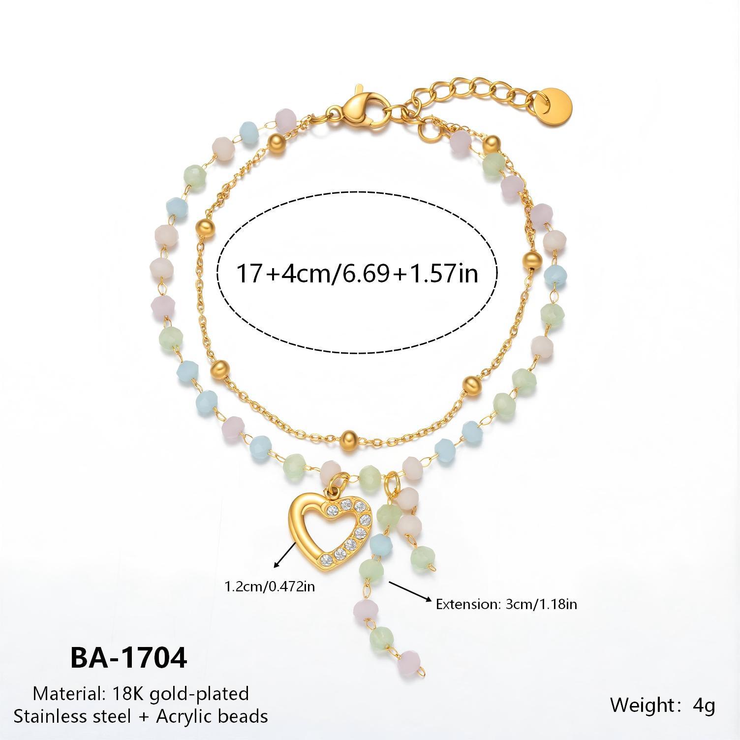 Elegant Double Layer Heart Tassel Bracelet, 18K Gold-Plated Stainless Steel with Zirconia. 18K
