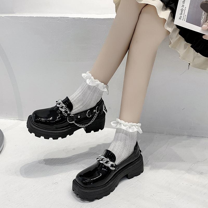 Women's Spring Black Platform Casual Shoes Slip on Women Loafers Metal Chain Designer Casual Leather Oxfords 2025 Zapatos Mujer