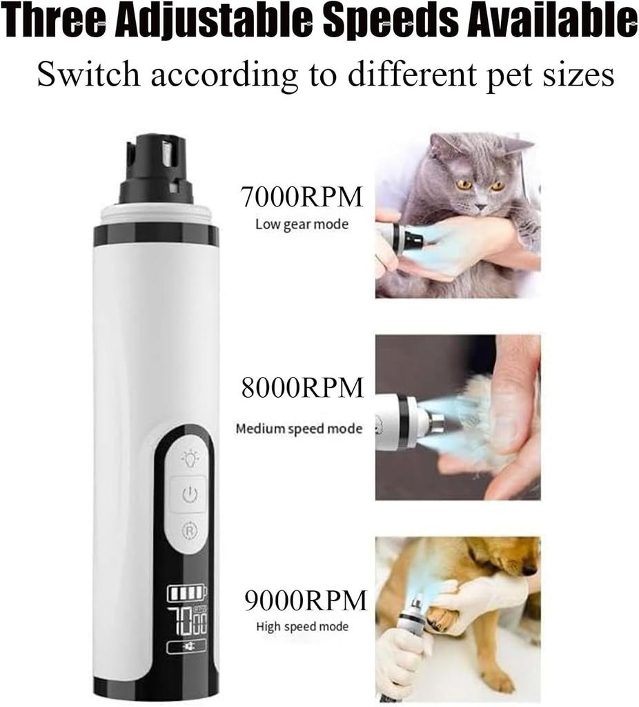 Nail Grinder, 2025 Upgraded Silent Nail Grinder for Dog Cat with LED Light & 3 Speeds, USB Charge with Replacement Grinding (1 Pc + 2 Replacement Head
