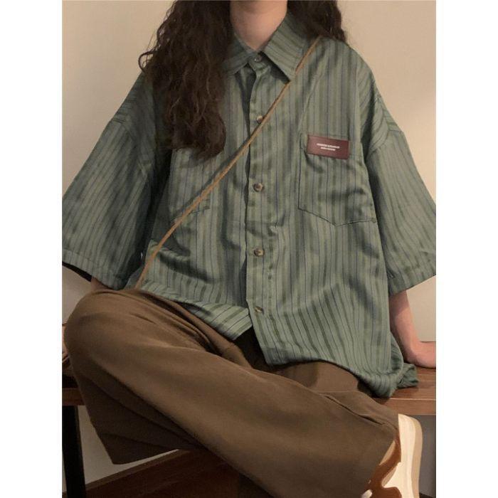 

Retro Loose Women Blouses Versatile Short Sleeved Striped Shirt Vintage Clothes Top Shirts Blouses Blusas Mujer De Moda 2XL