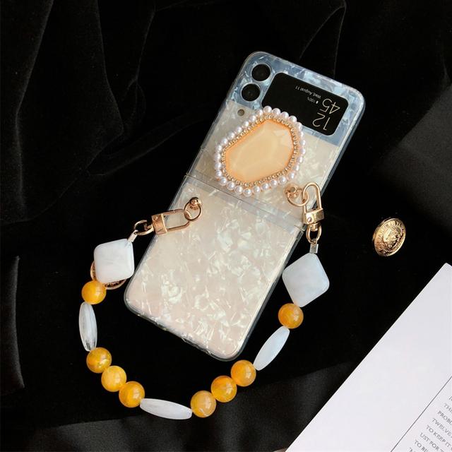 

Милый чехол для телефона в виде ракушки для Samsung Galaxy Z Flip 4 3 5g, задняя крышка с кронштейном, портативная нерегулярная жемчужная цепочка для женщин For Samsung Z Flip