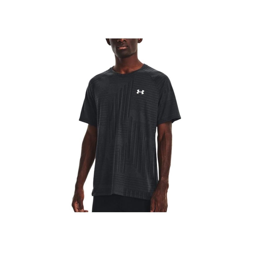 Under Armour Logo Patch Striped Crew Neck Short Sleeve T-Shirt Men T-Shirts Black 1376516-001
