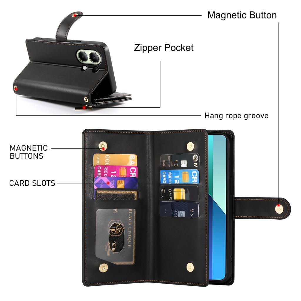 DF-011 For Xiaomi Redmi Note 13 4G Leather Case Zipper Phone Cover with Hand Strap/Shoulder Strap