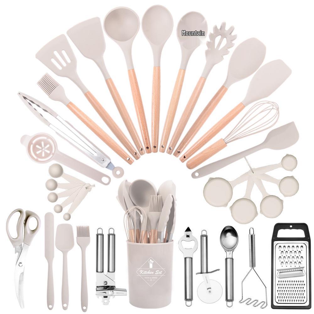 44-Piece Silicone & Wood Handle Kitchenware Set - Non-stick Cooking Spatula, Soup Ladle, and Tableware Tools