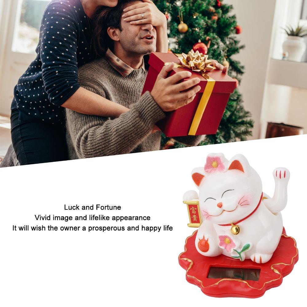 ABS Solar Waving Cat Ornament White Solar Feng Shui Cat Figurine Office Desk Decorative Figurine