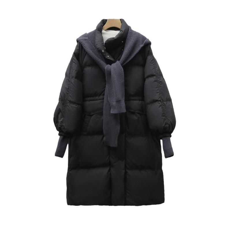 White duck down winter new loose medium and long coat hooded removable knitted hat down jacket women