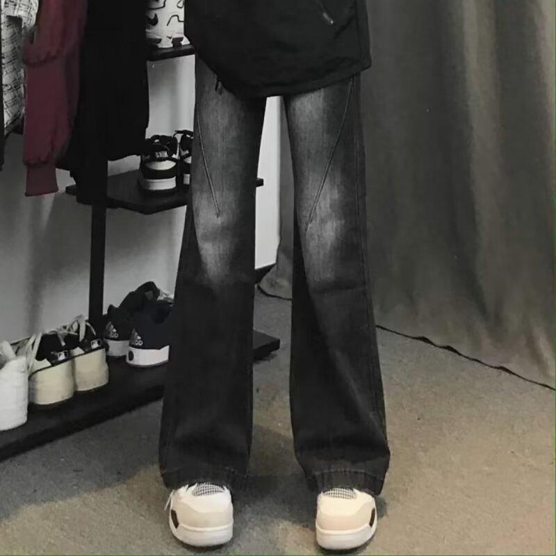 Black and gray gradual change jeans men's American high street vibe pants gear version straight tooling slim-fitting pants